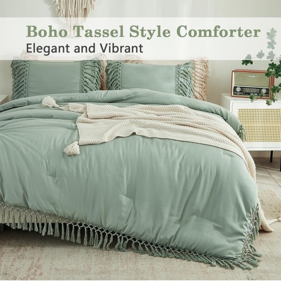 King size 3 piece sage green comforter set boho bohemian Queen - Picture 2 of 7